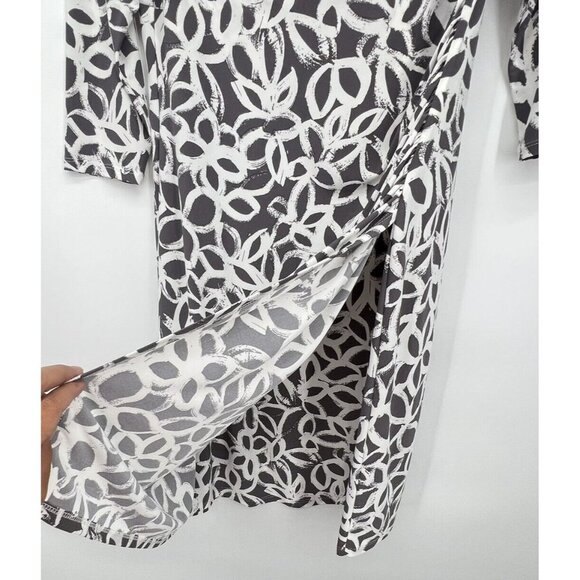 Lauren Ralph Lauren Faux Wrap Dress Size 12 Ruched Floral Abstrast Gray V Neck - Picture 9 of 14